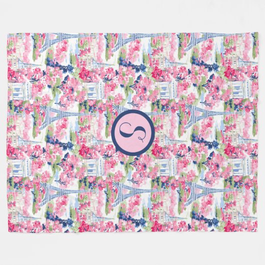 Roze & Blauw Parijs Patroon Monogram Fleece Deken (Voorkant (Horizontaal))
