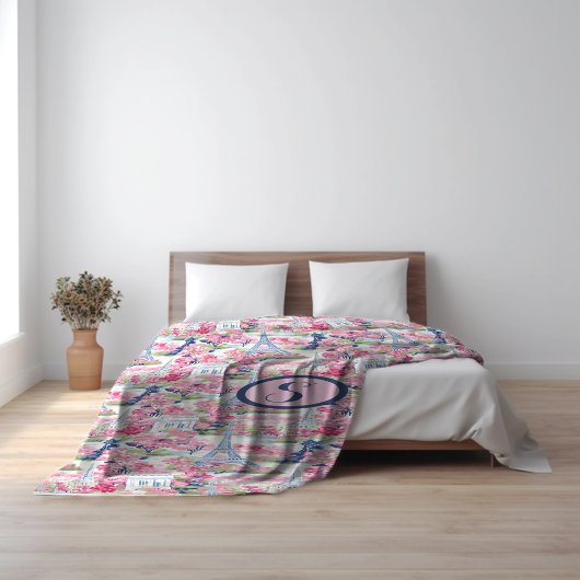 Roze & Blauw Parijs Patroon Monogram Fleece Deken