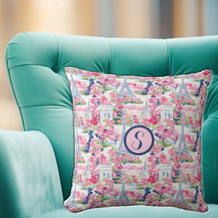 Roze & Blauw Parijs Patroon Monogram Kussen
