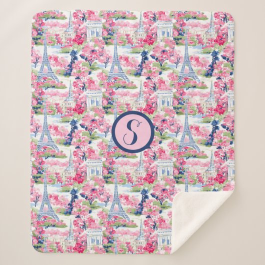 Roze & Blauw Parijs Patroon Monogram Sherpa Deken (Voorkant)