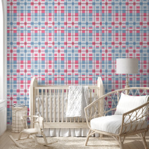 Roze & Blauw Rechthoekig geruite Patroon Baby Behang