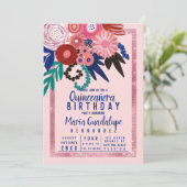 Roze Blauw Rode Glitter Bloemachtige Acryl Quincea Kaart (Staand voorkant)