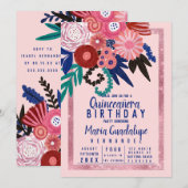 Roze Blauw Rode Glitter Bloemachtige Acryl Quincea Kaart (Voorkant / Achterkant)