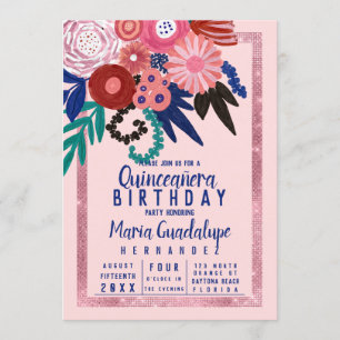Roze Blauw Rode Glitter Bloemachtige Acryl Quincea Kaart