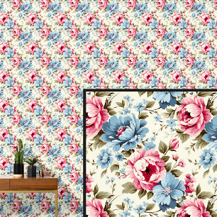 Roze Blauw Roos Bloemen Shabby Chic Behang