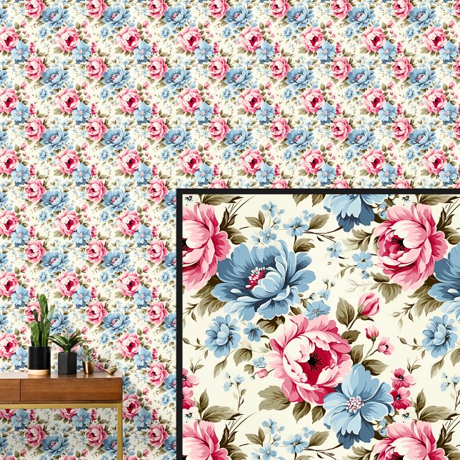 Roze Blauw  Roos Bloemen Shabby Chic Behang (Creator heeft geüpload)