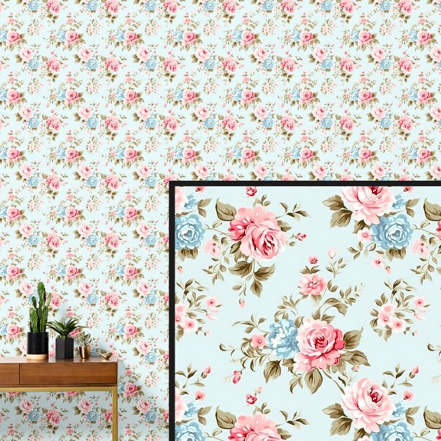 Roze Blauw  Roos Floral Shabby Chic Aqua Behang (Creator heeft geüpload)