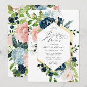 Roze Blauw Roos Waterverf Bloemen Bruidsbrunch Kaart (Voorkant / Achterkant)