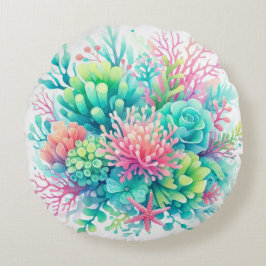 Roze Blauw Schattige Koraal Beachy Kust Nautisch Rond Kussen