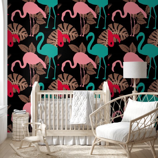 Roze Blauw Schattigee Flamingo Tropische Planten Behang (Kinderen)