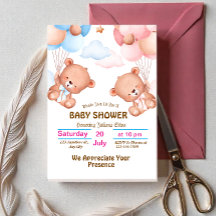 Roze Blauw Schattigee Waterverf Baby shower Uitnod