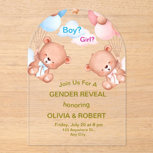 Roze Blauw Schattigee Waterverf Geslacht Reveal In Acryl Uitnodigingen (Voorkant)