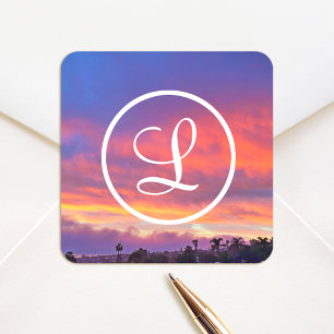 Roze blauw sinaasappel zonsondergang foto monogram vierkante sticker