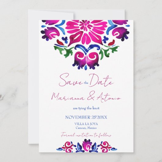 Roze blauw Spaans Talavera tegels bruiloft Save The Date (Voorkant)