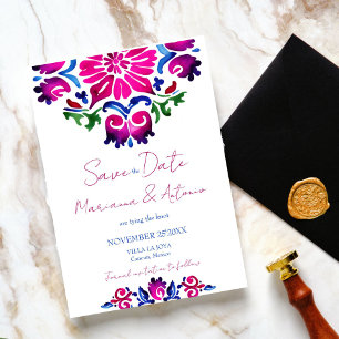 Roze blauw Spaans Talavera tegels bruiloft Save The Date