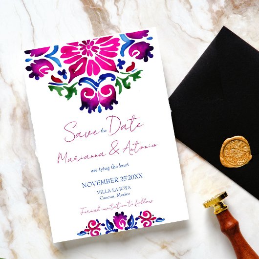 Roze blauw Spaans Talavera tegels bruiloft Save The Date