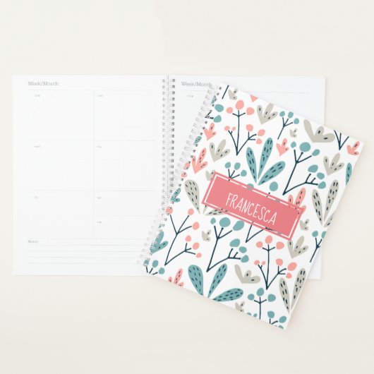 Roze Blauw Tan Abstract Bloempatroon Monogram Planner (Display)