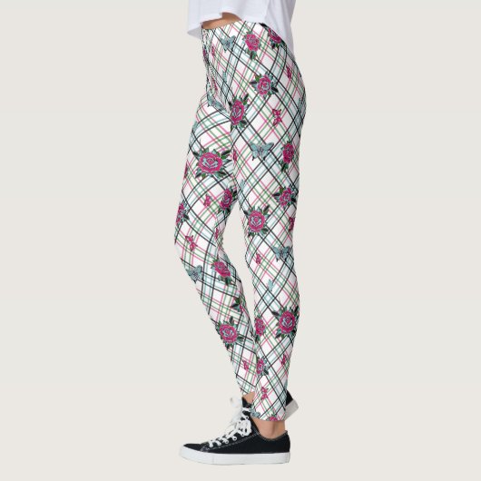 Roze Blauw Tattoo Rozen Vlinders Plaid Leggings (Links)