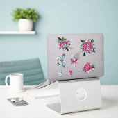Roze Blauw Tattoo Rozen Vlinders Sticker (Laptop op bureau)