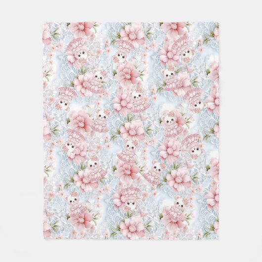  Roze & Blauw Teddybeer Girly Fleece Deken (Voorkant)