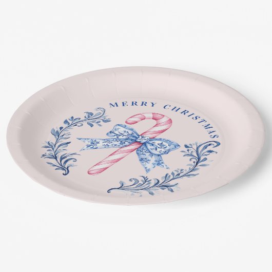 Roze & Blauw Toile Crest Candy Cane Papieren Bordje (Gekanteld)