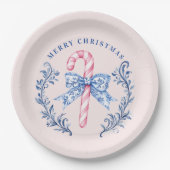 Roze & Blauw Toile Crest Candy Cane Papieren Bordje (Voorkant)