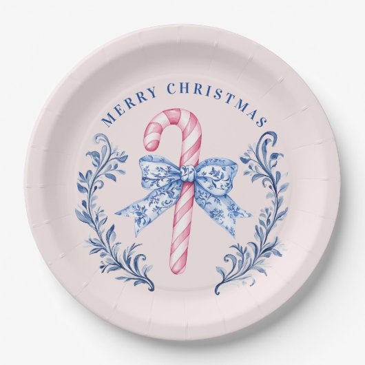 Roze & Blauw Toile Crest Candy Cane Papieren Bordje (Voorkant)