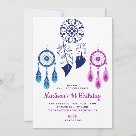 Roze Blauw Tribal Boho Dream Catcher Verjaardagsfe Kaart (Voorkant)