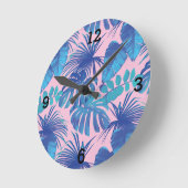 Roze blauw tropisch palm Leaf Ronde Klok (Hoek)