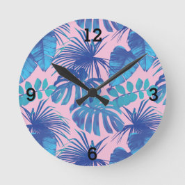 Roze blauw tropisch palm Leaf Ronde Klok