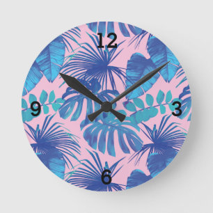 Roze blauw tropisch palm Leaf Ronde Klok