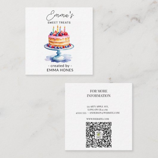 Roze & blauw Verjaardagstaart moderne waterverf ba Vierkante Visitekaartje (Voorkant / Achterkant)