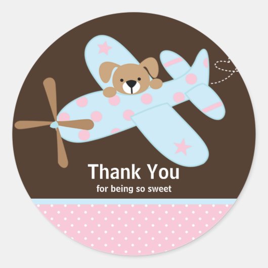 Roze & Blauw Vliegtuig Dank u Baby shower Sticker (Voorkant)