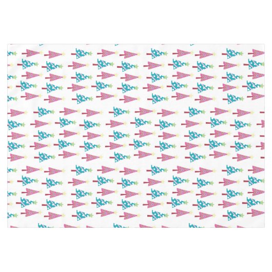 Roze & Blauw Vrolijke Kerstbomen Wit Tafelkleed (Voorkant (Horizontaal))