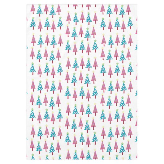 Roze & Blauw Vrolijke Kerstbomen Wit Tafelkleed (Voorkant)
