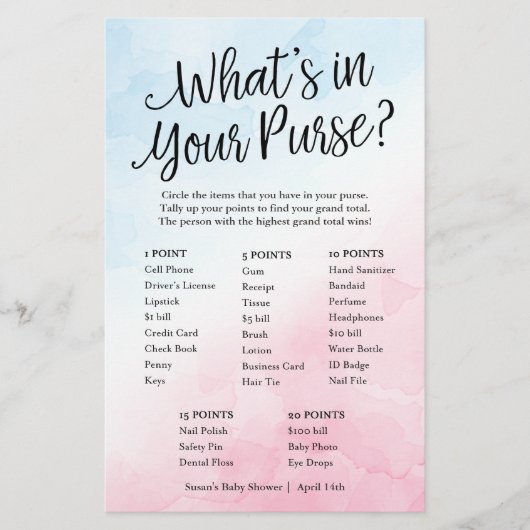 Roze/Blauw Wat in Uw Purse, Document Spel Kaart is (Voorkant)