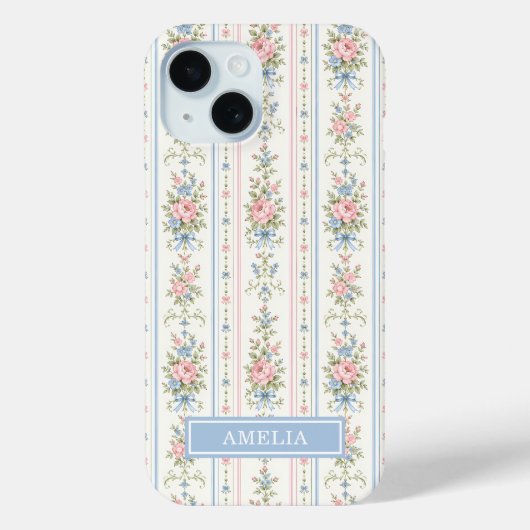 Roze Blauw Waterverf Bloem Streep Case-Mate iPhone Case (Achterkant)
