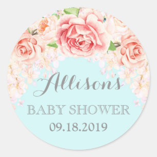 Roze Blauw Waterverf Bloemen Baby shower Favor Ronde Sticker