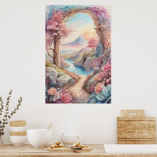 Roze Blauw Waterverf Fantasy Landscape Poster (Keuken)