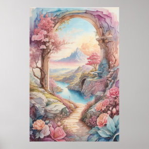 Roze Blauw Waterverf Fantasy Landscape Poster