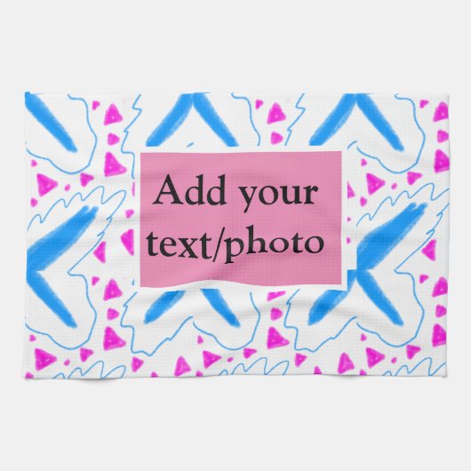 Roze blauw waterverf patroon toevoegen naam tekst  theedoek (Horizontaal)