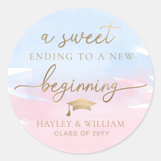 Roze Blauw Waterverf Sweet Beginning Afstuderen Ronde Sticker (Voorkant)