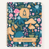 Roze Blauw Whimsical Mushroom Patroon Monogram Notitieboek (Voorkant)