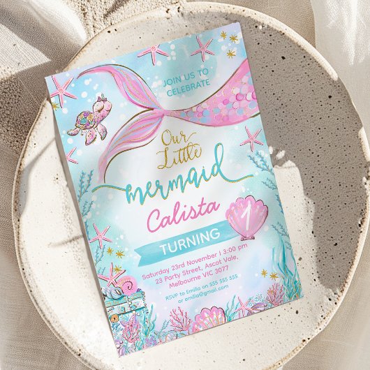 Roze Blauw Whimsical Onze Kleine Zeemeermin Verjaa Kaart