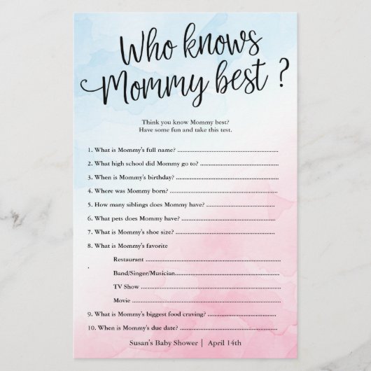 Roze & Blauw Wie kent mama douche papier spel Kaar Flyer (Voorkant)