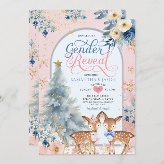 Roze Blauw Winter Herten Kerst Geslacht Onthulling Kaart (Voorkant / Achterkant)