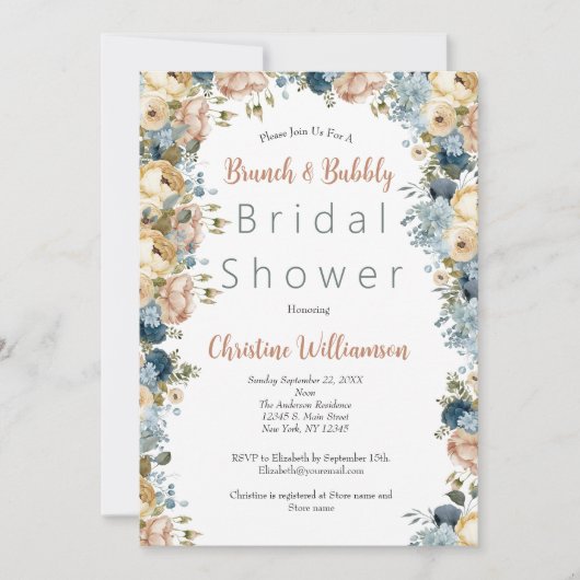 Roze Blauw Wit Bloemen Brunch Bubbly Vrijgezellenf Kaart (Voorkant)