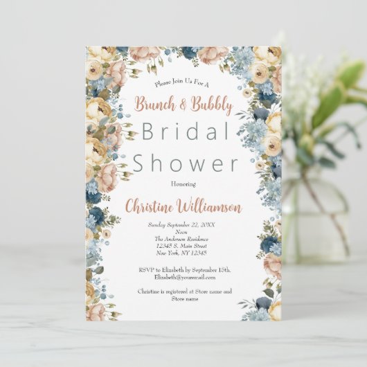 Roze Blauw Wit Bloemen Brunch Bubbly Vrijgezellenf Kaart (Staand voorkant)