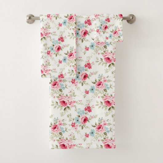 Roze Blauw Wit Bloemen Shabby Chic Bad Handdoek (Insitu)