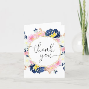 Roze blauw wit geel goud bloemen dank je kaart